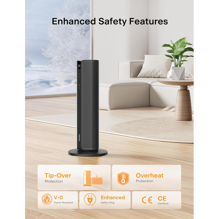 Електричний вентилятор-обігрівач PELONIS Tower Heater 2000 Вт з пультом дистанційного керування, швидкий нагрів 2S, коливання 75, еко-режим, захист від перегріву та перекидання, тихий керамічний обігрівач для спальні та офісу, 23 дюйми, чорний