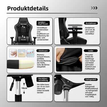 Геймерське крісло, офісне крісло з функцією гойдання до 170, ігрове крісло з регульованою поперековою подушкою, підлокітниками та підголівником, геймерське крісло зі зручними подушками сидіння, ігрове крісло вантажопідйомністю 150 кг