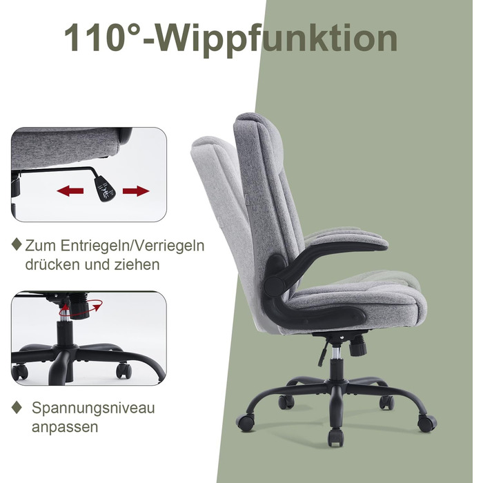 Ергономічне офісне крісло CASTLOVE, крісло керівника з м&39якими підлокітниками, складне, регульоване по висоті, функція гойдання та підголівник, зручне для домашнього офісу, вантажопідйомність 150 кг, сіра тканина