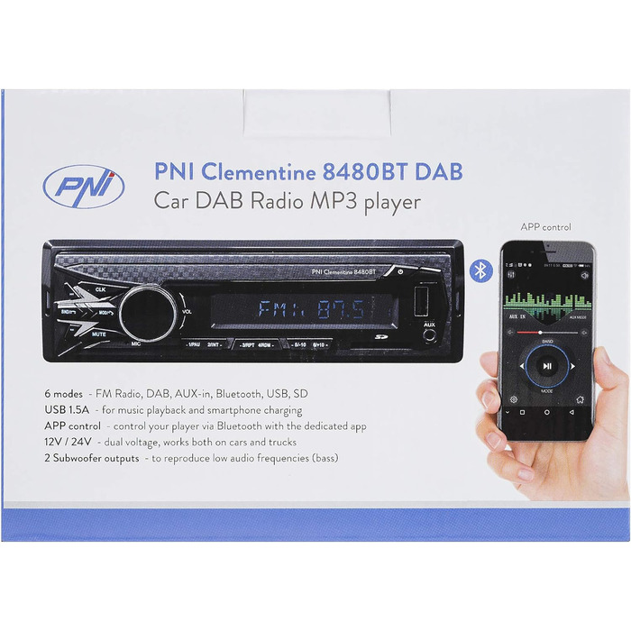 Автомобільна магнітола DAB MP3 PNI Clementine 8480BT, 4x45 Вт, 12/24 В, 1 DIN, з SD, USB, AUX, RCA, Bluetooth і USB 1.5A для зарядки телефону Single