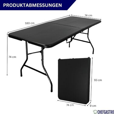Складаний фуршетний стіл 180x75 см, водонепроникний садовий стіл з ручкою для перенесення, 8 осіб, пластиковий чорний, складаний стіл, портативний кемпінговий стіл на відкритому повітрі для саду, тераси, балкону, вечірки, фуршетний стіл, гладкий чорний