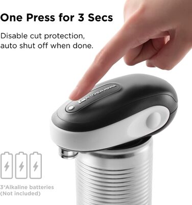 Електричний консервний нож Kitchen Mama One-to-Go - відкривається одним дотиком (автостоп), відкривач без гострих країв, з практичним знімачем кришки, працює від батарейок (білий) One-to-go - білий