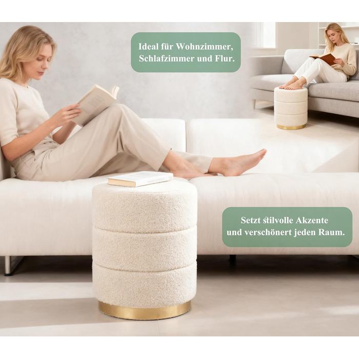 Пуф Zedelmaier Teddy, круглий м&39який табурет для туалетного столика, пуф для ніг з подушкою для сидіння, для вітальні, спальні та коридору, 38x45 бежевий табурет без місця для зберігання 38x45 бежевий Teddy