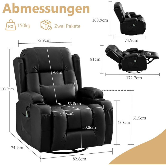 Крісло-гойдалка з функцією відкидання спинки, масажне крісло з функцією підігріву, крісло для телевізора з поворотом на 360 для вітальні, крісло-гойдалка з подушками/бічними кишенями/підстаканником (чорне)