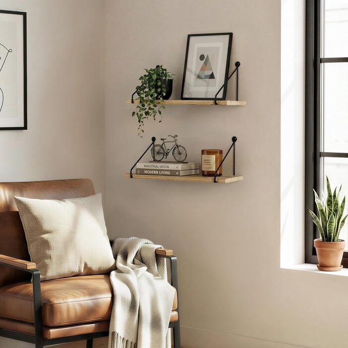 Настінна полиця Afuly, дерево, чорний метал, сільські полиці для стін, натуральний колір, ванна кімната, дитяча кімната, кухня, вітальня, комплект з 2 шт. , коричневий, 1,5 м завглибшки x 4,8 м завширшки