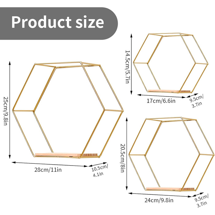 Шестигранна настінна полиця з металу з 3, золоті декоративні підвісні полиці лофт настінні полиці, настінна полиця для оздоблення