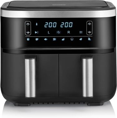 Подвійна фритюрниця SEVERIN з робочим простором 2 x 3.8 л, фритюрниця XXL для здорового приготування, 8 автоматичних програм, фритюрниця без жиру з функцією зневоднення, 2850 Вт, чорний/сріблястий, FR 2453 2 x 3.8 літровий кошик для приготування (паралель