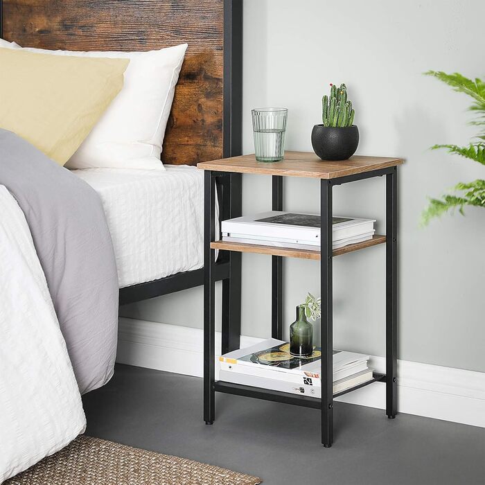 Журнальний столик VASAGLE, тумбочка, невеликий диванний столик, спальня, вітальня, легке складання, стабільний, сталевий каркас, індустріальний стиль, медово-коричневий-чорний LET201B05, 34 x 29 x 58 см, одинарний з полицею