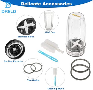 Запасні частини блендера DRELD з 5 предметів, сумісні з блендером NutriBullet Juicer 600 Вт/900 Вт, з кухлем 132 унції, 1запасним лезом екстрактора, 2гумовими ущільнювачами, 1щіткою, аксесуарами Nutribullet