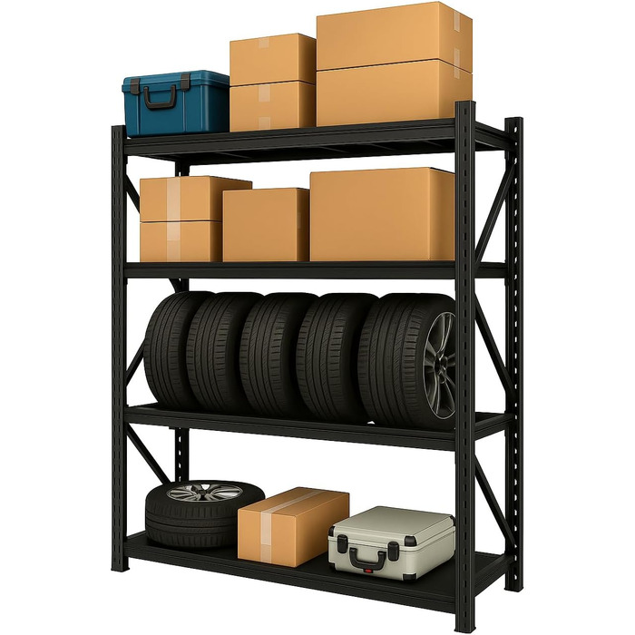 Надміцний стелаж/Стелаж для шин 200x60x200 см Вантажопідйомність 300 кг на полицю Металевий стелаж для зберігання Стелаж для підвалу/гаража 4 знімні полиці, чорний