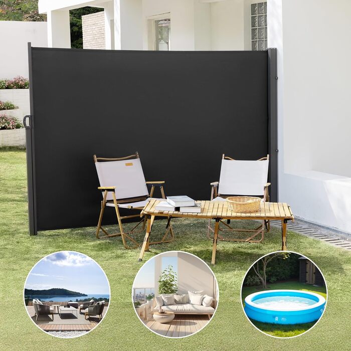 Розсувний бічний тент, 160 x 30020 см Антрацит, Сонячний тент із екраном для приватності, Вітрозахист, Водонепроникний бічний висувний тент, Бічна рулонна штора для балкону, тераси, саду, Ш320 x В160 см Антрацит