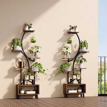 Підставка для рослин з лампою для вирощування, 160 см, підставка для квітів з дерева та металу зі світлодіодною лампою для вирощування, 7-рівнева металева полиця для рослин на ніжках для використання на вулиці та в приміщенні, вітальня, балкон, спальня.