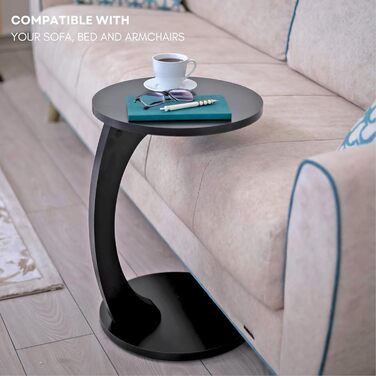 С-подібний приставний столик Luxora з коліщатками, круглий диванний столик чорного кольору, невеликий приставний столик, який можна використовувати як журнальний столик, столик для телефону, столик біля ліжка, столик для ноутбука та журнальний столик (чор