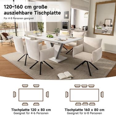 Розкладний обідній стіл 120/160 * 80 см, для 4-6 осіб, прямокутний, потовщена стільниця, V-подібні ніжки, білий