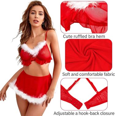 Жіночий різдвяний комплект еротичної білизни Sohimary, з міні‑спідницею та стрінгами, червоний