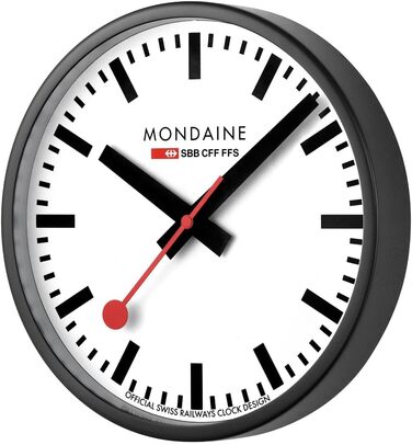 Офіційний швейцарський настінний годинник Mondaine 25 см, матова чорна алюмінієва рама, дизайн Hans Hilfiker 1944, безшумний механізм, мінеральне скло, захист від пилу позачасовий дизайнерський виріб A990.clock.12sbb 25 см