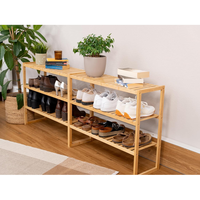 Бамбукова полиця для взуття, штабелювана полиця для ванної кімнати та кухні, натуральне покриття, 3-рівнева полиця з системою вставок, компактна, розміри Ш/Г 75x26x62 см