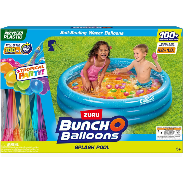 Басейн Bunch O Balloons Splash Pool зі 100 швидкозаповнюваними, самозапечатувальними тропічними повітряними кулями для вечірок