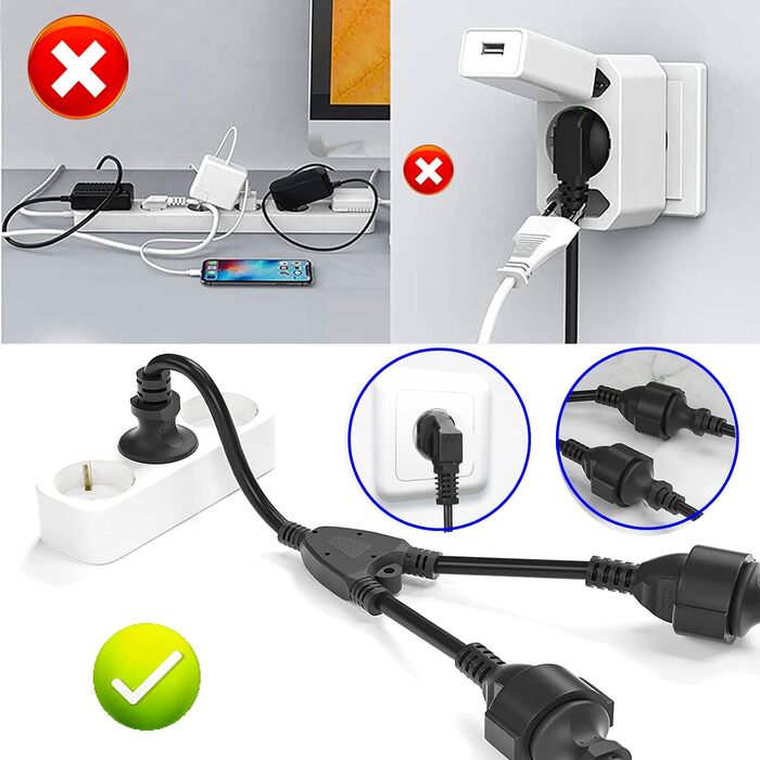 Адаптер короткої кабельної розетки 2 в 1, подвійна вилка для розетки, подовжувач розетки 2-стороння розподільна розетка, багатораз