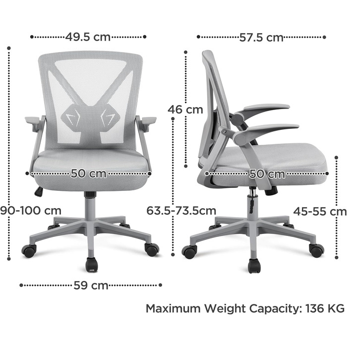 Офісне крісло Yaheetech, стілець для роботи з відкидними підлокітниками, обертове крісло з сітки, ергономічне офісне крісло, регульована поперекова опора, функція гойдання, регульована висота, сірий