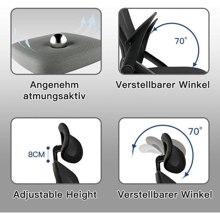 Ергономічне офісне крісло, стілець для роботи з регульованими підлокітниками, 3D-підголівником та 3D-поперековою опорою, офісне крісло з функцією гойдання та нахилу (біле та чорне) Оновлення підголівника в білому та чорному варіантах