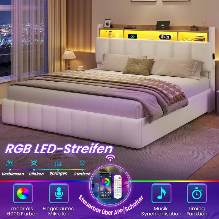 Ліжко зі світлодіодним освітленням, гідравлічне ліжко 140 x 200 см, м&39яке ліжко, узголів&39я з полицею та місцем для зберігання речей, каркас ліжка з рейковою основою, зручне, для спальні, гостьової кімнати, PU білий 140 x 200 білий