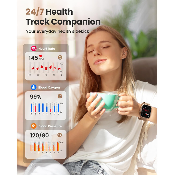 Жіночий смарт-годинник Sanorum з акумулятором 1000 мАг, фітнес-годинник AMOLED 1,85 дюйма з функцією телефону/водонепроникність 5 атм/120 спортивних режимів/пульс/SpO2/кров&39яний тиск, смарт-годинник для Android та iOS, рожеве золото