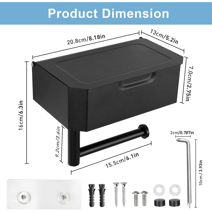 Тримач для туалетних рулонів без свердління, чорний тримач для туалетних рулонів з коробкою для вологих серветок, тримач для туале