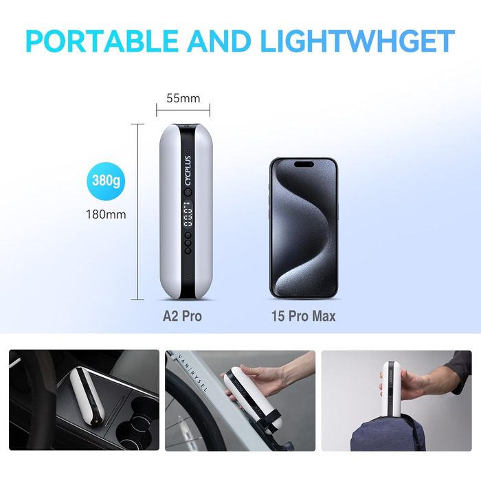 Повітряний насос CYCPLUS 150PSI Електричний компресор Портативний велосипедний насос Міні-насос для шин із цифровим світлодіодним дисплеєм Світлодіодне світло Акумуляторний літій-іонний акумулятор для всіх велосипедів, мотоциклів та автомобілів Білий