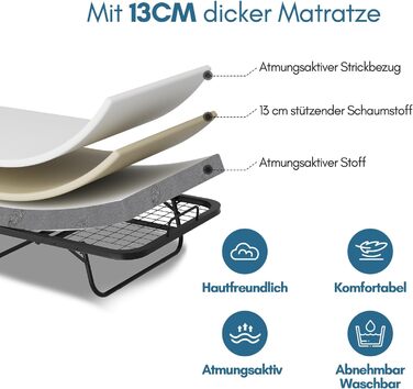 Розкладне ліжко ISOSIL 90x200 см Гостьове ліжко, розкладне з матрацом з пінопласту 13 см Гостьове ліжко, розкладне металевий каркас ліжка, розкладне ліжко на колесах, розкладне металеве ліжко, вантажопідйомність 200 кг, пилонепроникне