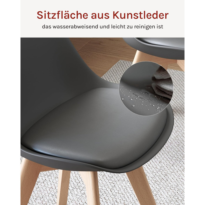Обідні стільці WOLTU, Комплект з 4 шт. , Скандинавські кухонні стільці, Ретро-дизайн, Сидіння зі штучної шкіри, Ніжки з масиву дерева, Вантажопідйомність до 150 кг, Сірий, Комплект з 4 шт.