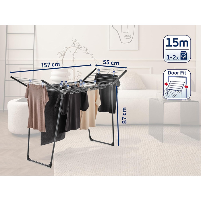 Сушильна машина Leifheit Pegasus 150 Solid Black Edition, стійка сушильна машина з крилами, також для довгих речей, особливо вузьк