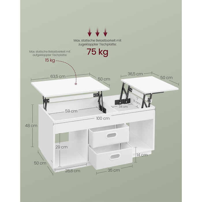 Журнальний столик VASAGLE, стіл для вітальні з регульованою висотою, 2 шухляди та приховані відділення, журнальний столик, відкриті полиці, для вітальні, домашнього офісу, білий LCT210W01