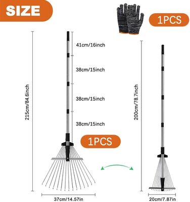 Регульований віяловий граблі з ручкою 215 см, металеві граблі для листя з рукавичками, садовий віяловий граблі для прибирання листя, рослин, газонів та подвір'я, сріблястий колір
