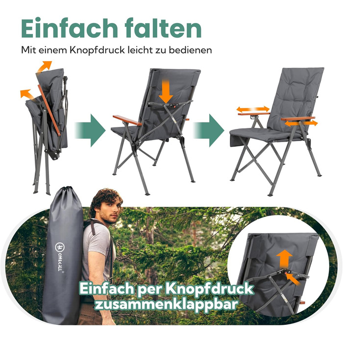 Складаний кемпінговий стілець Homecall, вантажопідйомність 150 кг, розкішний складний кемпінговий стілець з високою спинкою та 3 регульованими положеннями, товщина м&39якої підкладки 4,5 см, рибальський стілець для саду, балкону, кемпера (1, темно-сірий) 