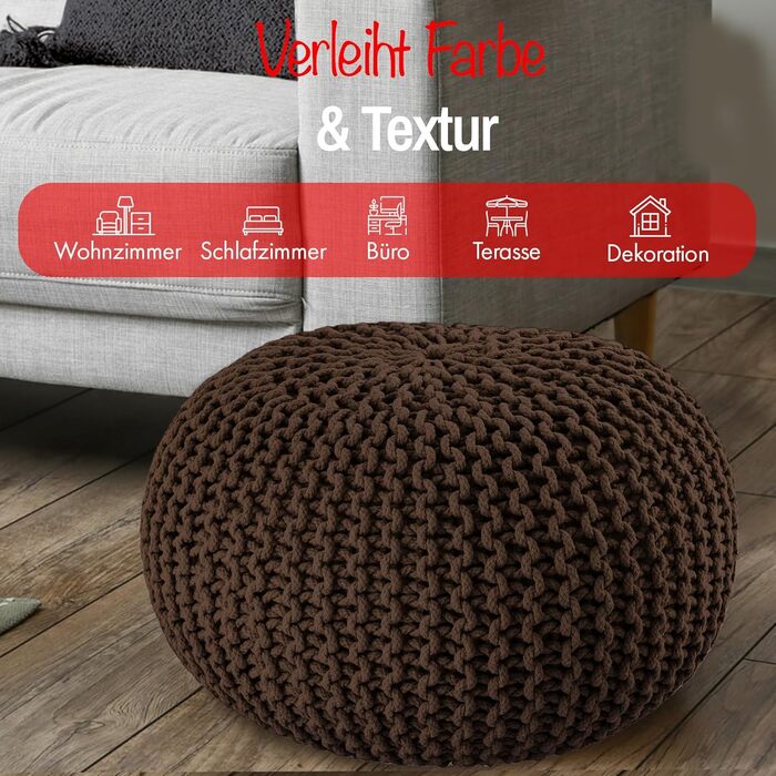 В&39язаний пуф ручної роботи Ø 55 см або Ø 45 см Подушка на підлогу, подушка на крісло, пуф для ніг, крісло-мішок - з елегантним виглядом об&39ємної в&39язки - внутрішнє оздоблення (коричневий, Ø 45 см) Коричневий Ø 45 см