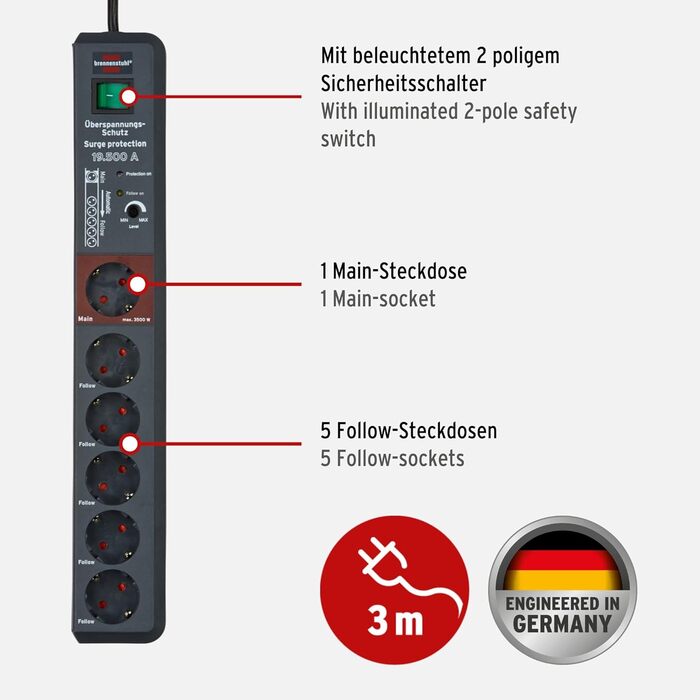Розетка Brennenstuhl Secure-Tec 6-місна із захистом від перенапруги та функцією Main Follow (розетка з вимикачем і кабелем 3 м) ан