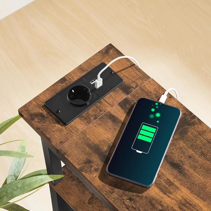 Журнальний столик із зарядною станцією, тумбочка біля ліжка зі знімною шухлядою, невеликий журнальний столик для обмеженого простору, спальня, вітальня, офіс, рустикальний коричневий та чорний AETHR125UE01