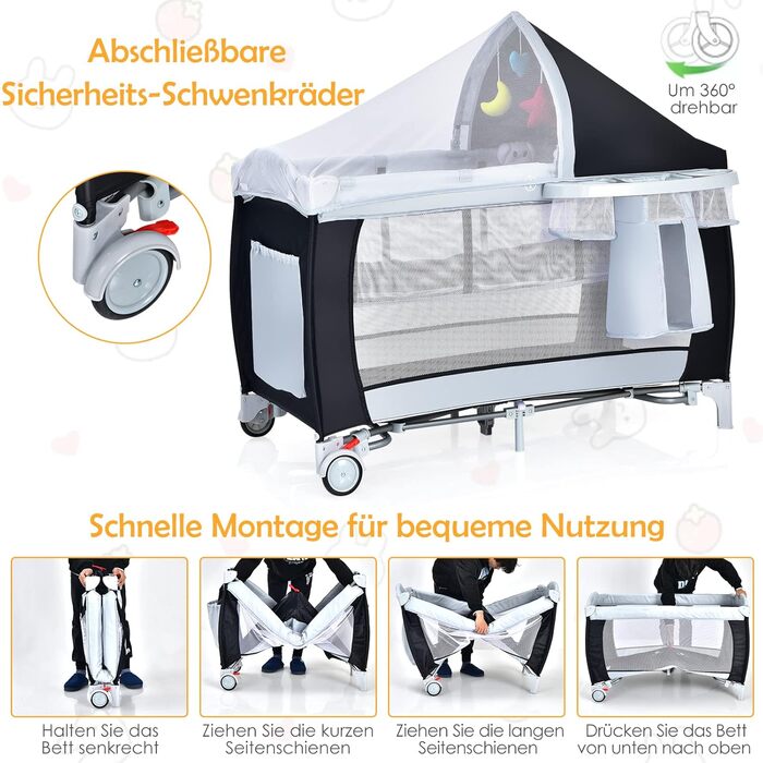 Складане дорожнє ліжечко COSTWAY 4-в-1, дитяча колиска, пеленальний столик та манеж з функцією гойдання, включаючи музичний мобіль, ігрову арку, пеленальний килимок, матрац, органайзер для підгузків та сумку для перенесення (чорний)