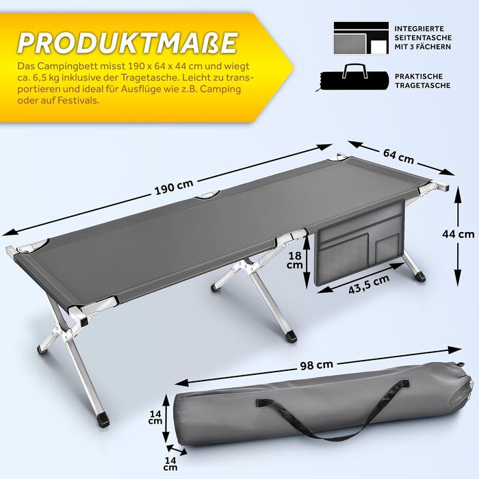 Кемпінгове ліжко, Похідне ліжко, 190 x 64 x 44 см, Металева труба - Вантажопідйомність до 150 кг, 190 x 64 x 44 см, Сірий