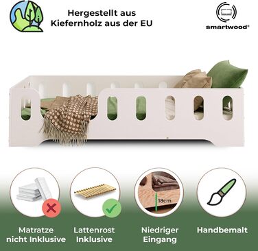 Дитяче ліжко smartwood TILA 2L 120x180 із захистом від випадіння та рейковою рамою - Підлогове дитяче ліжко білого кольору - Ліжко