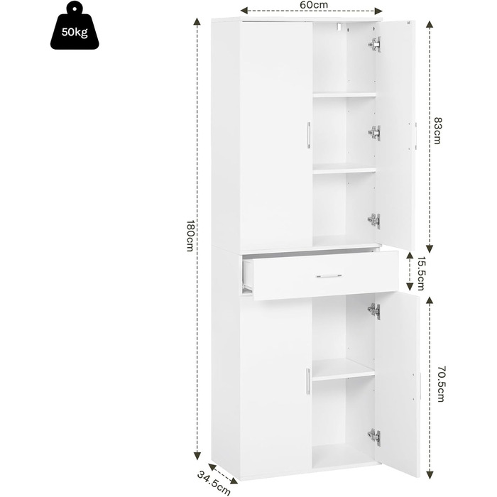 Шафа для документів eSituro, шафа з шухлядами та дверцятами, багатофункціональна шафа, гардероб, кухонна шафа, офісна шафа, висока шафа, 60x180x34 см, білий