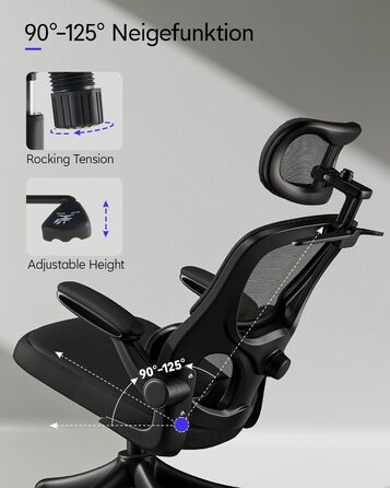 Ергономічне офісне крісло TUKAILAi, крісло керівника з поперековою опорою та підголівником, регульоване, підлокітники, що складаються на 90, висока спинка, сітчасте поворотне крісло для роботи вдома (чорне)