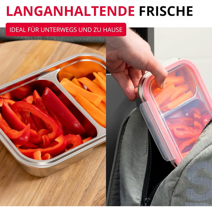 Ланчбокс Westmark Edelstahl Непротікаючий контейнер для сніданку Підходить для мікрохвильової печі та духовки, не містить BPA Бенто-бокс для школи, роботи та дитячого садка Сріблястий, розділений 450 280 мл, 450 280 мл