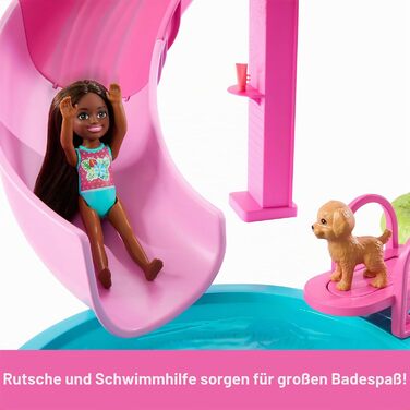 Ігровий набір Barbie Traumpool 6 ігрових зон, гірка, джакузі та понад 20 аксесуарів (домашній улюбленець, надувні круги та інше), JFP01