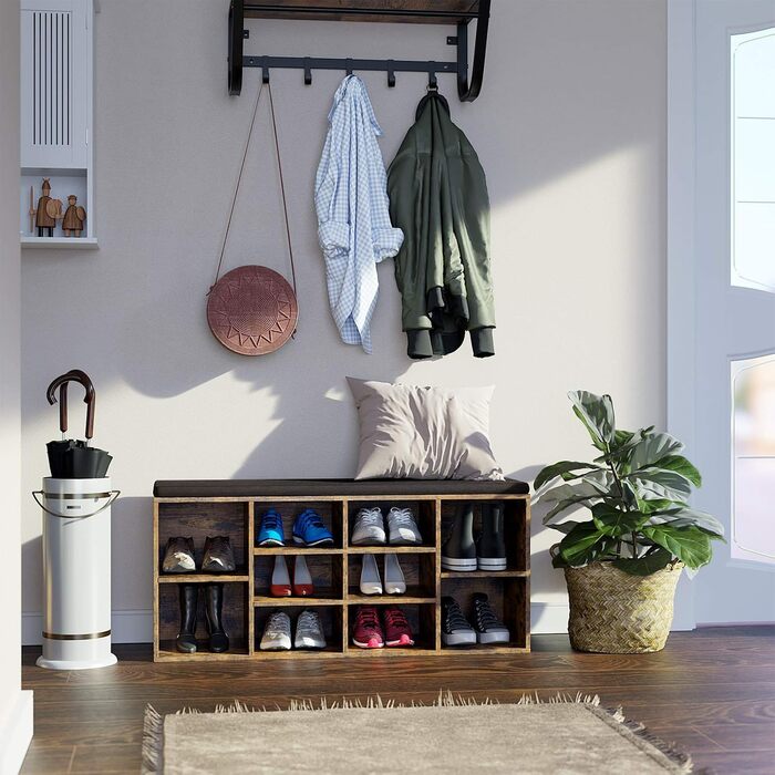 Лавка для взуття VASAGLE, полиця для взуття із сидінням, лавка для зберігання речей, добре оббита, лавка для передпокою з 10 відділеннями, регульовані полиці, для спальні, 30 x 104 x 48 см, вінтажний коричневий LHS10BX