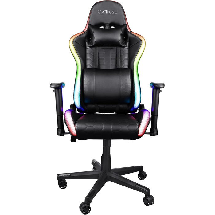 Ігрове крісло Trust Gaming GXT 716 Rizza з RGB-світлодіодним підсвічуванням, 350 кольорами та ефектами, регульованими по висоті підлокітниками, поворотним, ергономічним офісним кріслом, геймерським кріслом - чорного кольору