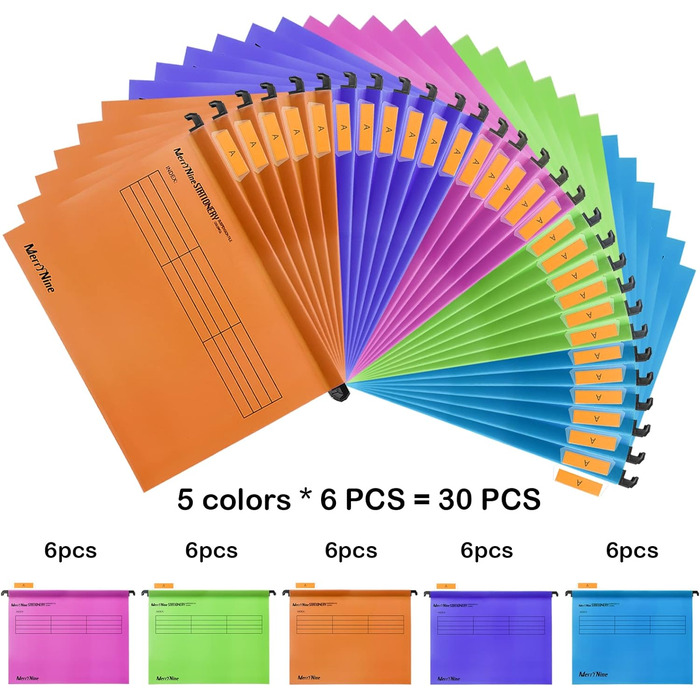 Підвісні папки MerryNine, A4, 5 шт. , поліпропілен, підвісні папки з райдерами та картками-вкладишами, для школи, дому, роботи, офісу, організації (5 кольорів) (30, різнокольорові)
