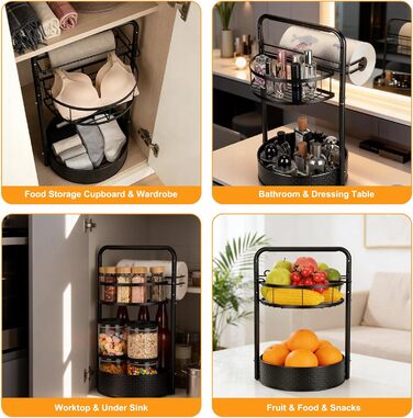 Обертова підставка для спецій Romon, 2-рівнева кухонна полиця з тримачем для паперових рушників, органайзер для спецій з кульковими підшипниками з нержавіючої сталі та протиковзкими ніжками, для кухонних шаф та стільниці, чорна