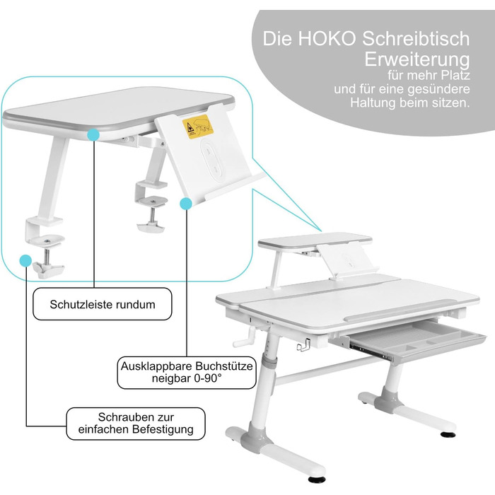 Комплект HOKO Ergo-Study-Table COMPAKT, JoJo & LUBU. Регульована по висоті дитяча парта з регульованою по нахилу стільницею та тум